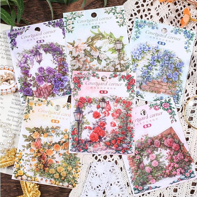 Courtyard Corner Set – 180 Vintage Floral Stickers for Junk Journal, Scrapbook Supplies, DIY Journaling, L-Shaped Decorative Labels