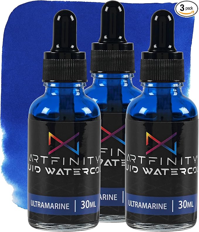 Liquid Watercolor Paint 30 ml Bottle - 3 Pack, Ultramarine - Vibrant Dye-Based Liquid Watercolor w/Glass Pipette, Fast-Drying, Fine Art Paint for Calligraphy, Airbrushing & Traditional Art