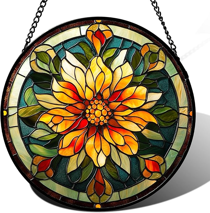 Stained Glass Window Hanging - Retro Yellow Flower Suncatcher for Door Garden Home Decor Dahlia Sun Catcher Christmas Birthday for Lovers Friend Women Mom Nana 15 in