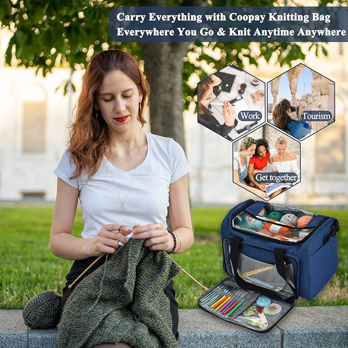 Coopay Large Knitting Bag Yarn Bag for Crochet, Yarn Tote Storage Organizer Portable Individual Compartments for Carrying Unfinished Project, Crochet Hooks Needles Accessories