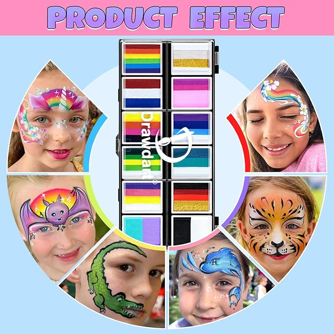 Professional Face Painting Kit for Kids Adults, Split Cake Face Paint Palette 12 x 10gm with Stencil, One Stroke Non Toxic Rainbow Face Body Paint Set Festival Makeup