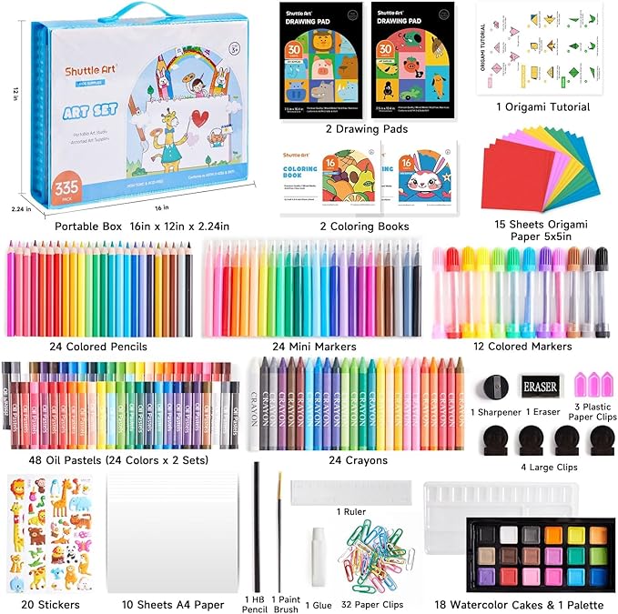 Shuttle Art 335 Piece Kids Art Set, Multi-Media Art Supplies, Gift Art Kit with Trifold Easel, 2 Drawing Pads, 2 Coloring Books, Oil Pastels, Crayons, Watercolors, Markers, Colored Pencils (Blue)