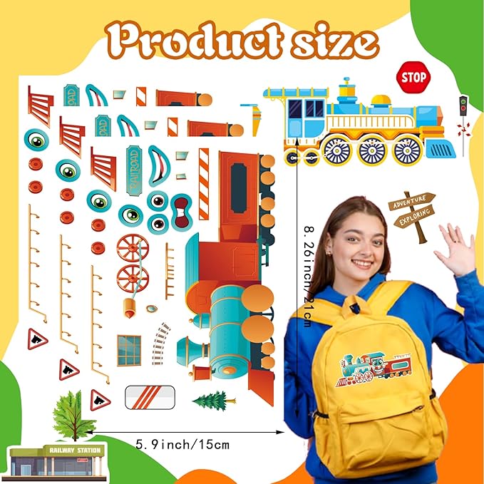 DUJAA 24 Sheets Train Stickers for Kids, Make Your Own Steam, Freight, Bullet Trolley Trains Stickers for Toddlers, Train Party Favors, DIY Craft Great Birthday Classroom Teacher Reward