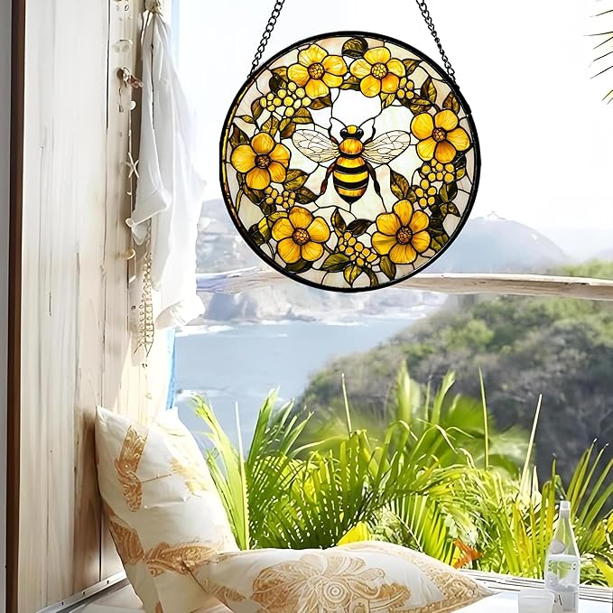 Stained Glass Window Hanging - Yellow Flowers Surrounded by Bees Sun Catcher for Door Garden Home Decor Cute Suncatcher Christmas Mother's Day Birthday Gifts for Women Men Mom Nana 7.8 in