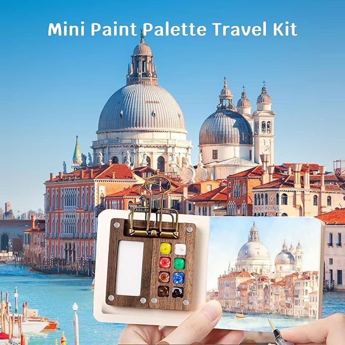 Mini Watercolor Travel Paint Set, Portable Travel Watercolour Kit with Wood 8 Grid Paint Palette, Watercolor Journal, Metal Clip, Multicolor Paint, Water Brush for Painters Artists Students&Beginners