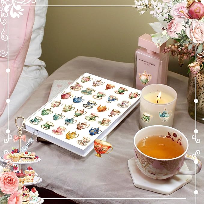 300 Pcs Vintage Tea Cups Stickers Rustic Mini Tea Time Stickers Party Favors Aesthetic Waterproof Vinyl Decals Pack for Water Bottles Scrapbooking Laptop Luggage Phone Skateboard