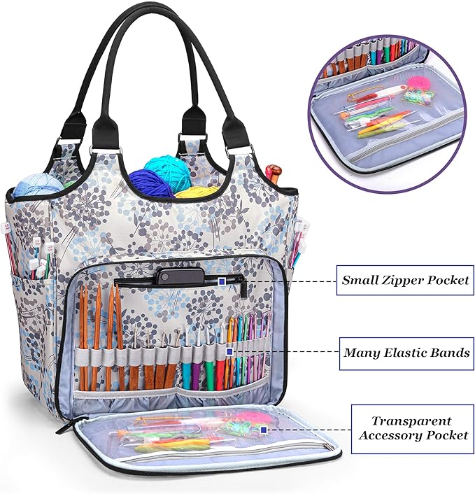 YARWO Knitting Tote Bag, Yarn Storage Organizer for Yarn Skeins, Knitting Needles, Crochet Hooks and Knitting Projects, Christmas & New Beginnings Gifts for Women, Dandelion (Patent Pending)