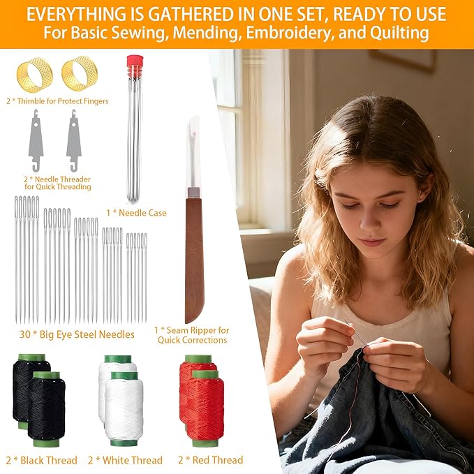 42PCS Sewing Kit,Sewing Tool Set,Sewing Supplies,Big Eye Steel Sewing Needle Kit,Stainless Steel Needles for Hand Sewing Kit w/Thread Ripper,Needle Threaders,Threads and Thimbles for Adults,Beginners
