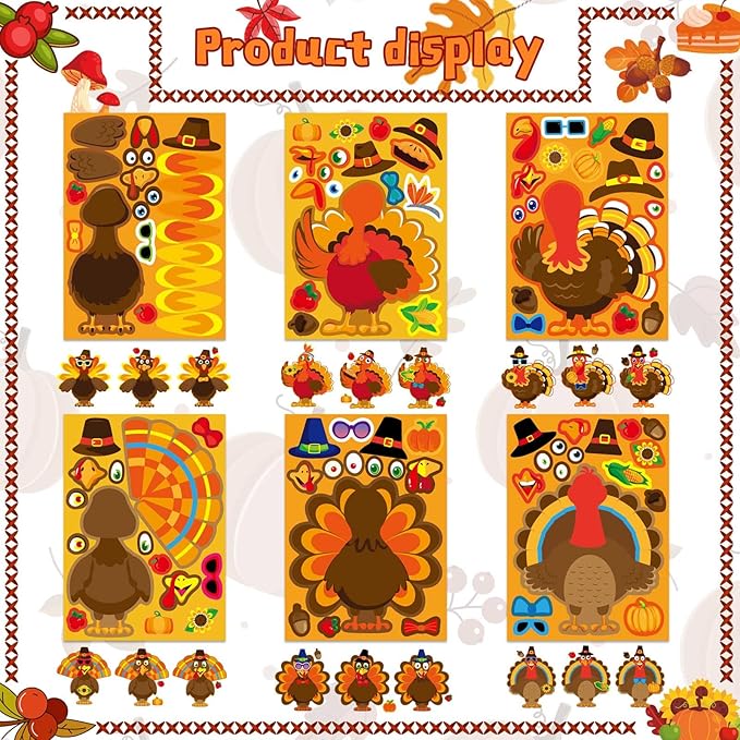 24 Sheets Make a Turkey Stickers, Thanksgiving Stickers for Kids, Make Your Own Turkey Sticker, Thanksgiving Party Favors Supplies, DIY Craft Game Classroom Teacher Reward