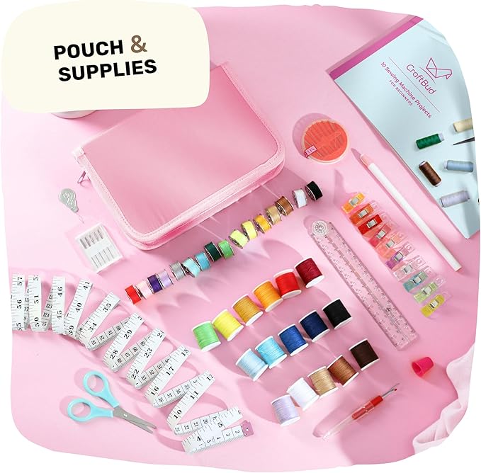 CraftBud Mini Sewing Machine for Beginners, Dual Speed Small Portable Sewing Machine for Kids and Adults with Extension Table, 122 Piece Gift Set Includes, Fabrics, Projects Book, Light and More, Pink