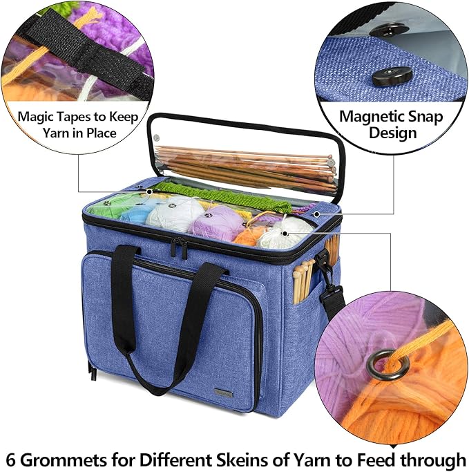 Teamoy Knitting Bag, Yarn Tote Organizer with Inner Divider (Sewn to Bottom) for Crochet Hooks, Knitting Needles(Up to 14”), Project and Supplies, Dark Blue -No Accessories Included