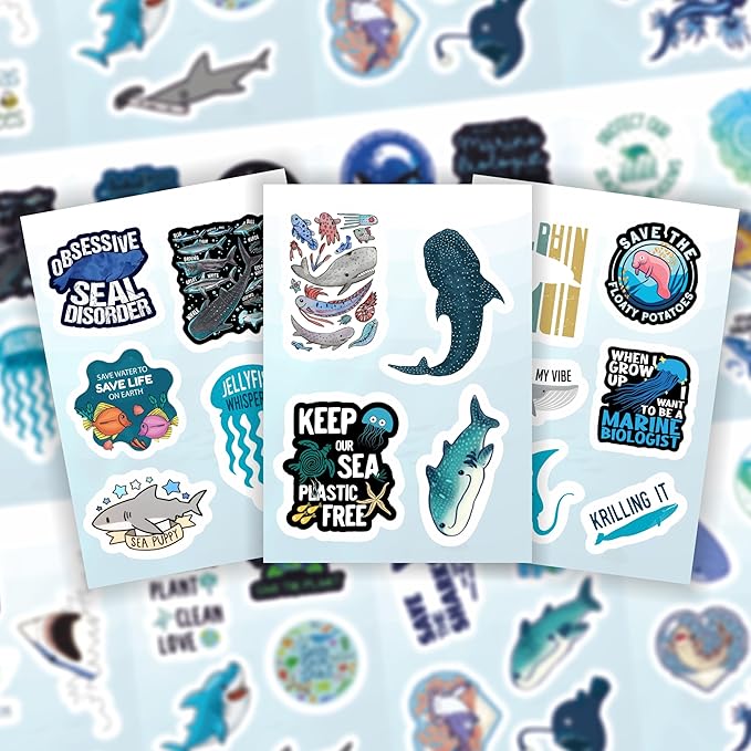 BulbaCraft Marine Biology Stickers for Water Bottle and Laptop - Marine Biology Party Supplies & Decorations, Waterproof Vinyl Decals, Ocean Stickers, Gifts for Women & Men