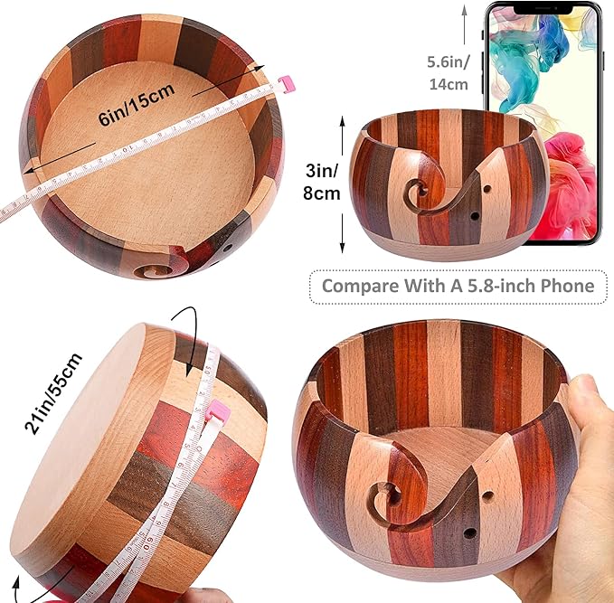 Coopay Wool Yarn Bowl Rosewood, Handmade Wooden Yarn Storage Bowl With Holes, Knitting Wool Storage Bowl Round - Ideal Knitting Crochet Accessories for Knitters