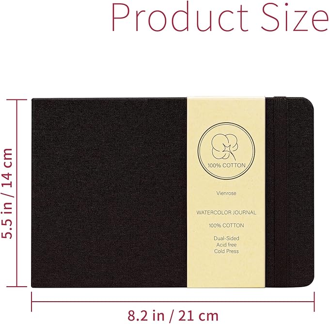 Vienrose Watercolor Sketchbook, 5.5"x8.2" Watercolor Journal with 24 Sheets 140 LB (300 GSM) Cotton Watercolor Paper, Black Linen Cover Watercolcr Sketch Book As Travel Notebook Mixed Media Pad
