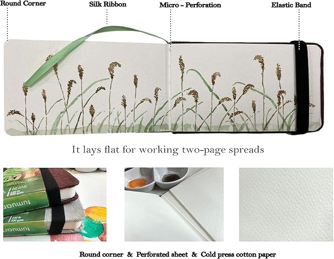 tumuarta Watercolor Journal, 3.5x5.5”, 140 LB, 300 GSM, Cotton Paper, Cold Press, 24 Sheets, 48 Pages, Watercolor Paper Sketchbooks for Use As Travel Notebook Mixed Media Pad On The Go