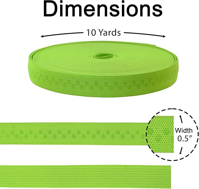 Mandala Crafts 0.5 Inch Elastic Silicone Gripper Tape for Clothing - 10 Yds Dotted Non Slip Elastic Band for Sewing - Lime Green Silicone Flat Fabric Stretchy Ribbon Straps