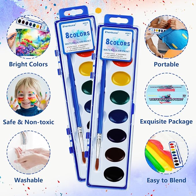 Watercolor Paint Set for Kids - Bulk Pack of 10, 8 Colors Washable Water Color Paints Sets with Paintbrush, Kids Watercolor Paint Set for Coloring, Art, Classrooms and Paint Supplies