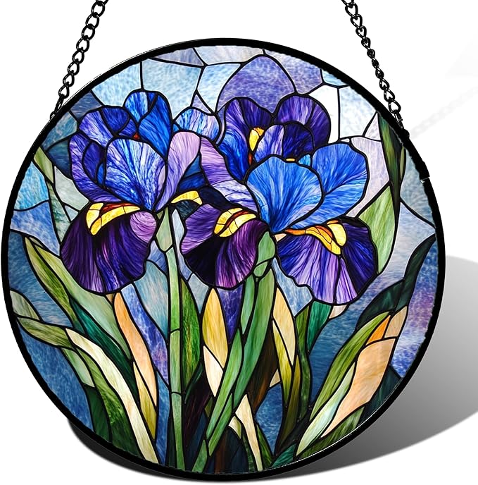 Stained Glass Window Hanging - Blue Purple Iris Flower Suncatcher for Door Garden Patio Sun Catchers Decor Christmas Mother's Day Birthday Gifts for Women Men Mom Nana Aunt Friend 9.8 in