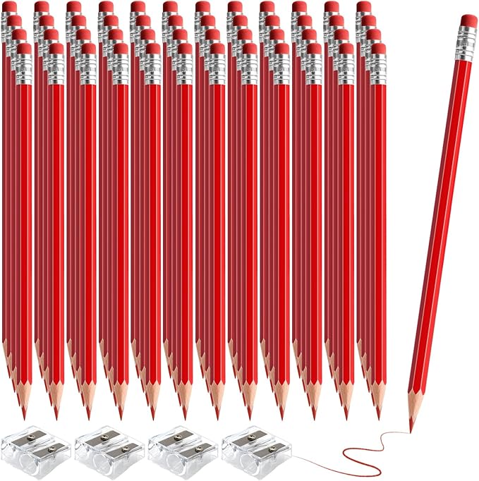 48 PCS Red Checking Pencils Erasable Colored Pencils with Eraser Pre-Sharpened 2 HB for Checking, Grading, Tests & Office/School Supplies (Red)