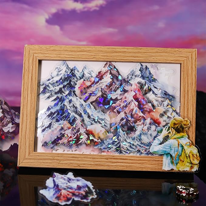 60 Pcs Mountain Holographic PET Stickers Set, Landscape Stickers for Scrapbooking, Journaling and DIY Crafts