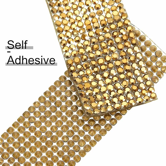 4 Rolls Self Adhesive Crystal Rhinestone Ribbon Diamond Bling Tape with 2 mm Rhinestones Strips Sticker for Arts Crafts Wedding Birthday Party DIY Event Car Phone Decoration (Gold)