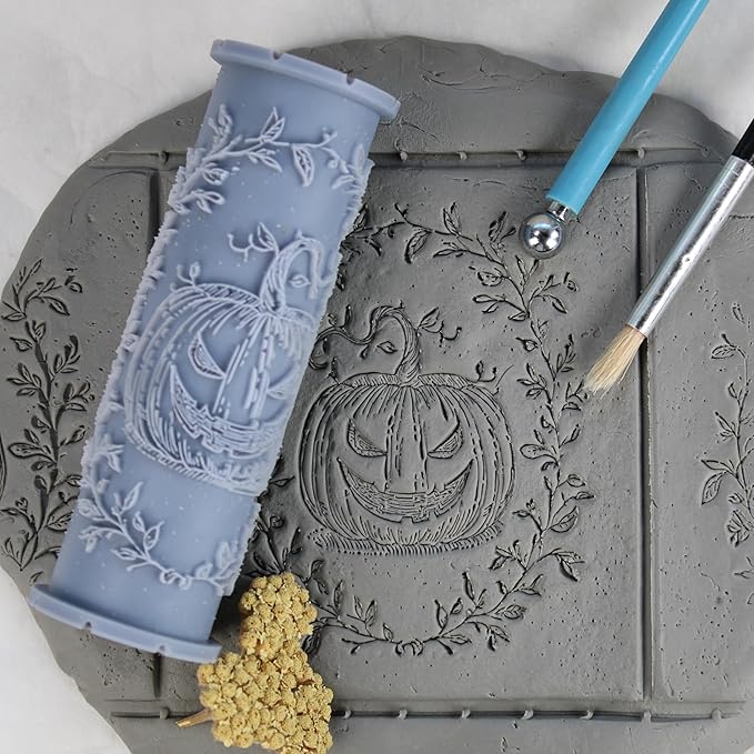 Jack-O-Lantern Clay Texture Roller (4") - Halloween Set #01 - Embossing Pattern Roller for Polymer & Ceramic Clay, Pottery & Crafts