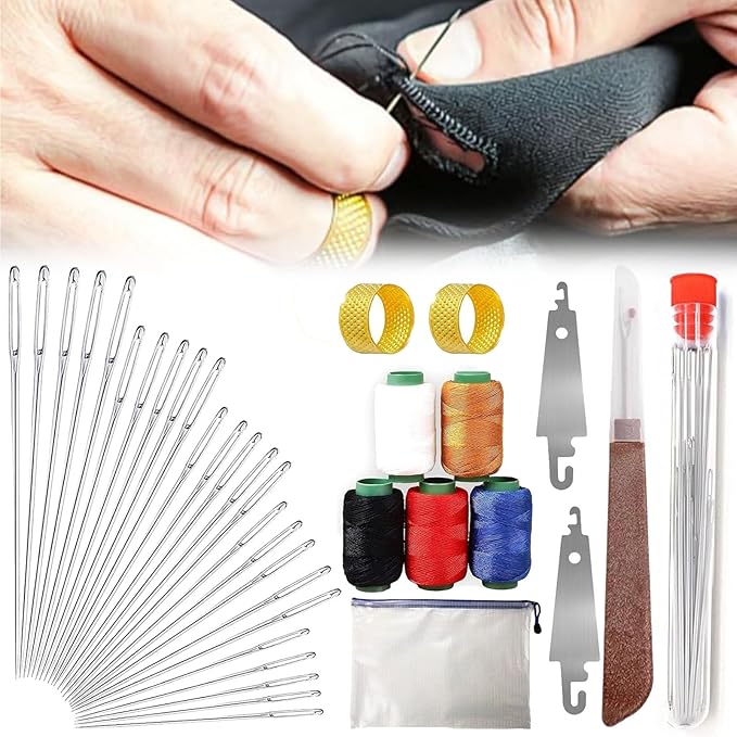 Big Eye Steel Sewing Needles Kit, 34PCS Big Eye Steel Needles Set - Long & Thin Handmade Quilting & Sewing Needles Kit, Portable Sewing Kit in Faux Leather Case, for DIY Sewing