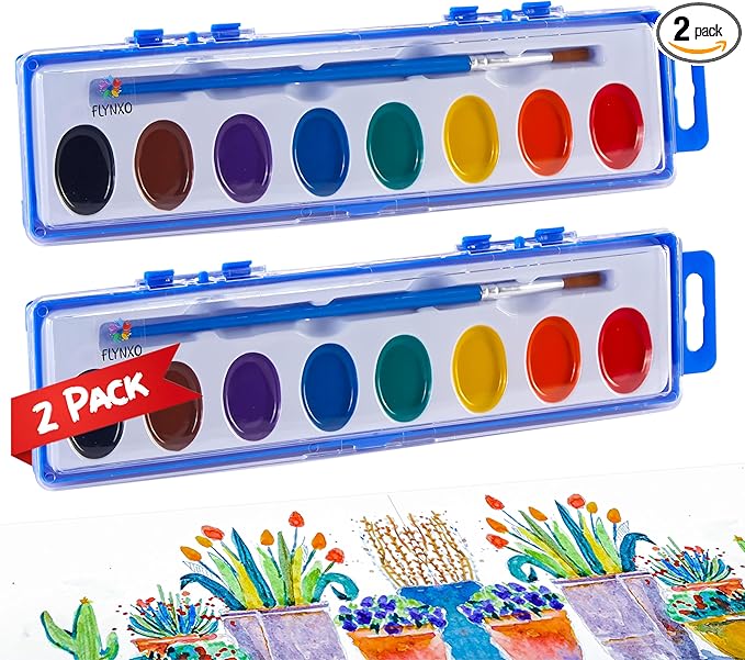 Mini Watercolor Paint Set for Kids – 2 Pack, 8 Vibrant Washable Colors Each, ASTM D-4236 Certified Non-Toxic Art Kit with Brushes – Perfect for Toddlers, School, and Home Creative Learning