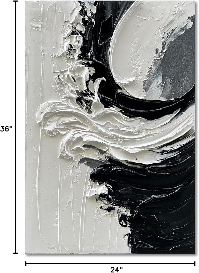 NANKAI Art Hand-Painted Thick Textured White and Black Minimalist Oil Painting Home Wall Art Deco 36x24 inches