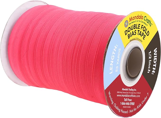 Mandala Crafts 55 Yards 1/2 Inch Hot Pink Double Fold Bias Tape for Sewing - Bias Binding Tape for Quilting Binding, Hemming, Seam, and Fabric Piping