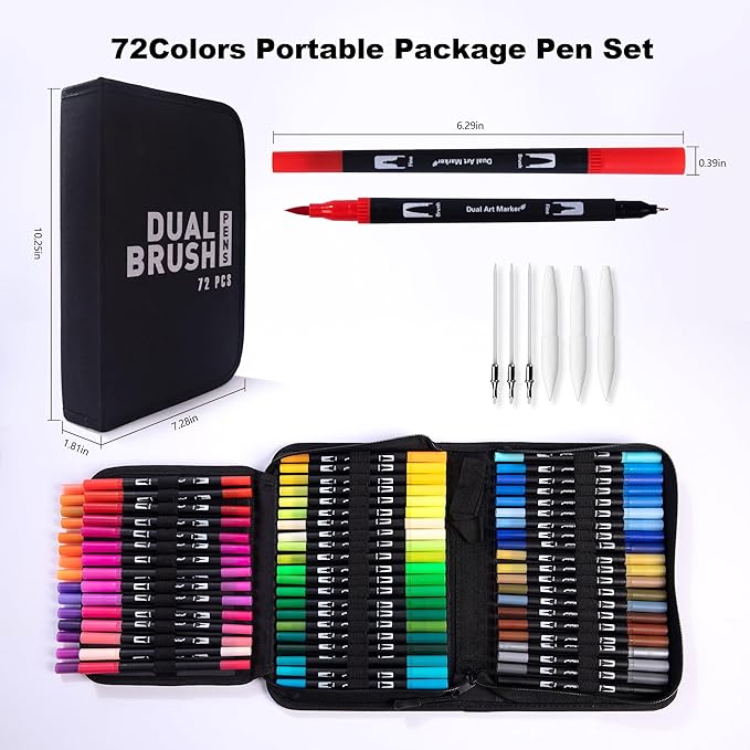 Dual Markers Brush Pens, 72 Colors Art Marker Set with Brush and Fine Tips – Premium Art Supplies for Adults, Perfect for Coloring Books, Hand Lettering, Calligraphy, and Drawing
