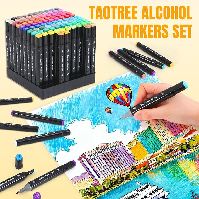Taotree Alcohol Markers Set 100 Colors with Case & Holders, Dual Tips Art Coloring Markers Pens, Chisel & Fine Sketch Pens, Art Supplies for Adult Coloring Books Artist Painting, Drawing, Sketching