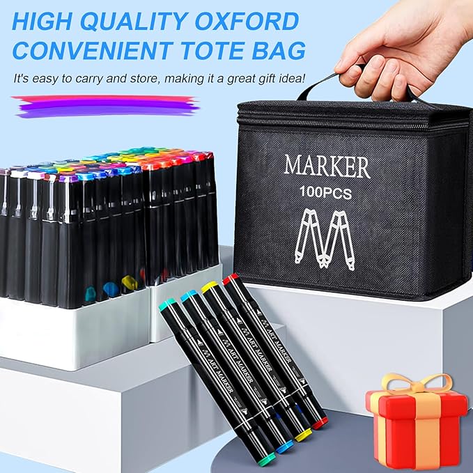 Alcohol Markers Set, 100 Colors Dual Tip Markers for Adult Coloring Books, Art Marker for Kids Adults Sketch Drawing, Marker Set with stand and Carry Case