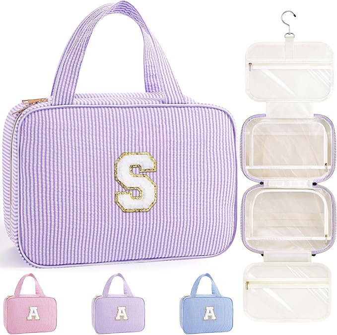 TOPEAST Travel Toiletry Bag Makeup Bag - Hanging Toiletry Bag for Women, Portable Toiletries Travel Bag and Cosmetic Bag, Airplane Travel Essentials Travel Toiletry Bag - Letter S, Purple