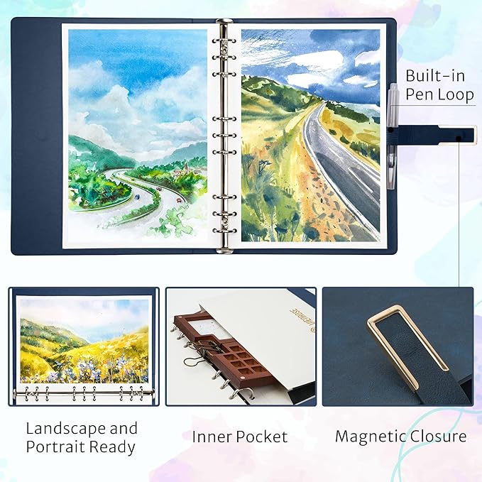 Vienrose 9" x 7" 3 Ring Watercolor Sketchbook, Faux Leather Cover Professional Art Journal with Detachable 24 Sheets 48 Pages, Ideal for Water Coloring, Sketching, Painting, Navy
