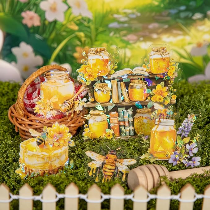 60-Piece Holographic Bee Insect Garden Girls Aesthetic Stickers – Clear Honeybee, Floral, Honeycomb Scrapbooking Stickers for Journaling, Resin Art, Laptops, Test Tube Vase Decoration