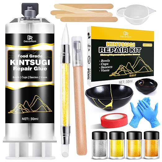 Kintsugi Repair Kit, Upgraded Food Safe Gold & Silver Kintsugi Kit for Broken Ceramics Kintsugi Gold Glue, Ceramic Glue for Pottery, Fast Curing Ceramic Repair Resin for Bowls, Cups, Vases, Saucers