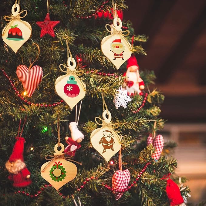 50 Pcs Wooden Ornaments, BetterJonny 3.15 * 2.56in Unfinished Natural Wood Slices with Holes Blank Wood Discs with 50pcs Jute Rope for DIY Christmas Decoration