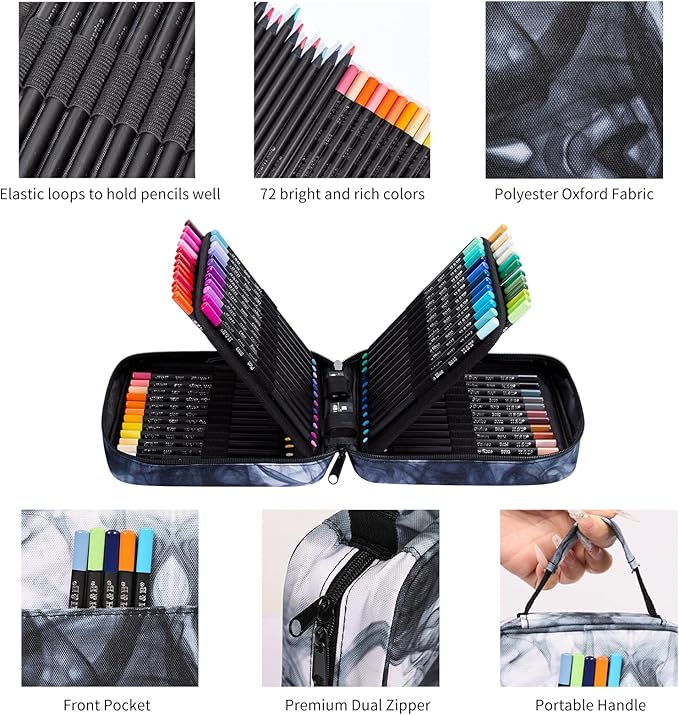 H & B 72-Color Colored Pencils Set with Mandala Coloring Sheets, Eraser, Sharpener - Soft Oil-Based CoresArt Supplies Drawing Kit for Adults, Kids, and Beginners