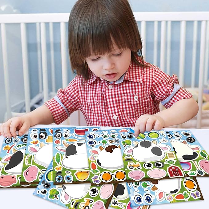 24 PCS Cows Stickers for Kids, Make-a-face Sticker Sheets Make Your Own Fram Animal Sticker for Kids Party Favor Supplies Craft