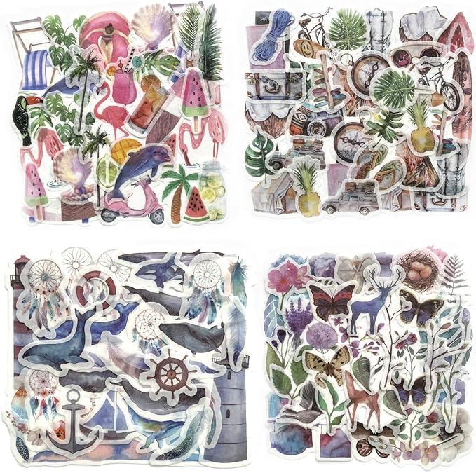 Yoksas 320 Pcs Watercolor Washi Stickers - Forest Nature, Ocean Animals, Sea Beach Aesthetic Stickers for Scrapbooking, Planners, Calendars, Bullet Journal