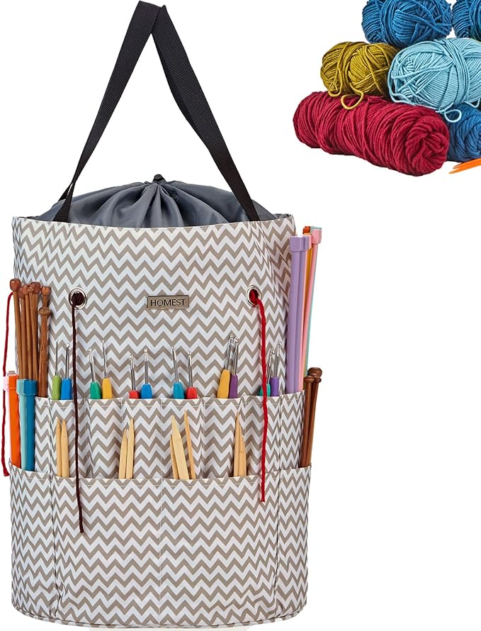 HOMEST Large Crochet Bag with Customized Front Compartment for Knitting Accessories, Yarn Storage with 6 Oversized Grommets, Tote Organizer with Drawstring Closure, Ripple