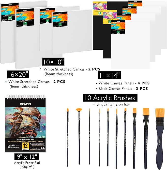 VISWIN Acrylic Paint Set with French Easel, Professional Painting Kit with Acrylic, Pouring Paints, Brushes, Canvas, Art Supplies, Art Set for Adults, Artists, Beginners