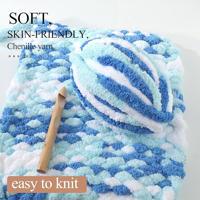 Chunky Yarn for Hand Knitting, No7 Thick Yarn, 250Grams 32Yards, Pack of 4, Perfect for Knitters and Crafters (Fresh Blue)