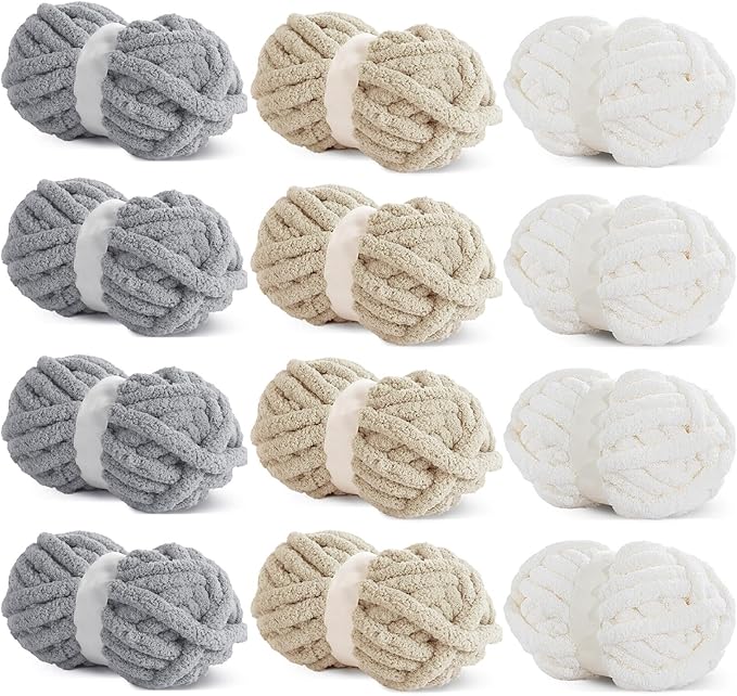 HOMBYS 12 Pack Chunky Yarn for Crocheting,Super Bulky Large Soft Fluffy Yarn,Plush Fuzzy Yarn,Thick Chenille Yarn for Hand Knitting/Arm Knitting,4 Cream,4 Light Grey,4 Khaki(Each 27yds,8 oz)