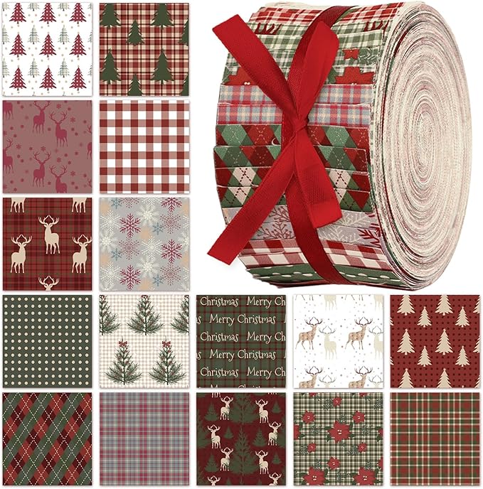 Fanfanwin 40 Pcs Woodland Plaid Christmas Quilting Fabric Roll 2.56 Inch Precut Fabric Squares Jelly Patchwork Snowflake Reindeer Poinsettia Strips Materials for Winter Xmas Craft Sewing Panels DIY