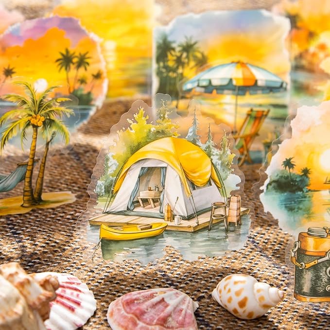 Yoksas Travel Sea Beach Nature Outdoor Watercolor Scenery Stickers - 180Pcs Waterproof Clear Adventure Camping Scrapbook Stickers for Junk Journals,Planner,Art Craft Supplies