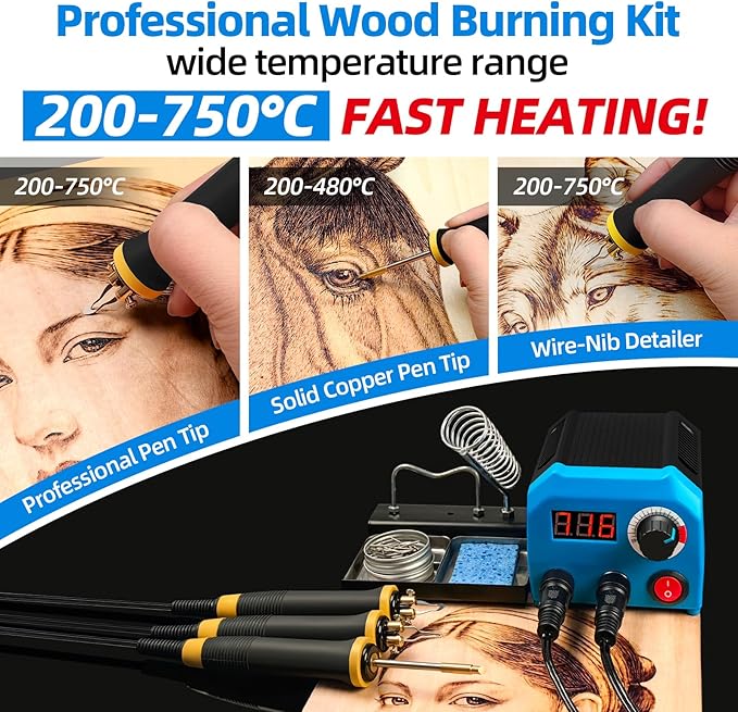 LH55-T2-NS3 Both ports are heating up simultaneously Wood Burning kit Wood Burning Tool Pen 200~750℃, with Digital Thermometer,3 pen, 3 solid copper pen tips, 33 Wood Burning Pen Tips