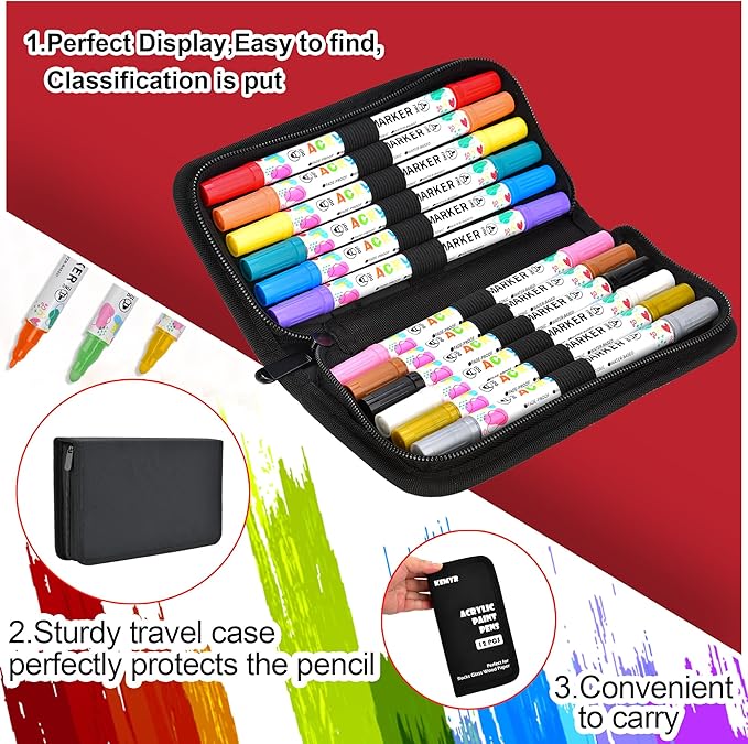 12 Colors Acrylic Paint Pens, Dual Tip Acrylic Paint Markers for Paper, Wood, Canvas, Stone, Rock Painting, Glass, Fabric, DIY, Ceramic, Art Supplies for Adults Drawing (Dot + Fine)