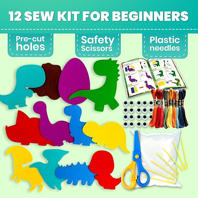 QUOKKA Kids Crafts Ages 7-9, DIY Beginner Needle and Thread Kit - 12 Wild Dino Sewing Kit Basic - Fun Arts Crafts for Kids Ages 7-9 Girls Boys - Plastic Needles, Scissors - 7+ Year Old Girl Gifts